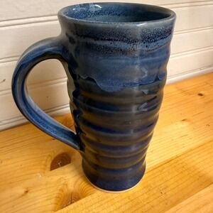 Handmade Studio Art Pottery Tall Mug Blue Glaze Swirl Cozy Coffee Tea 12oz. Mug
